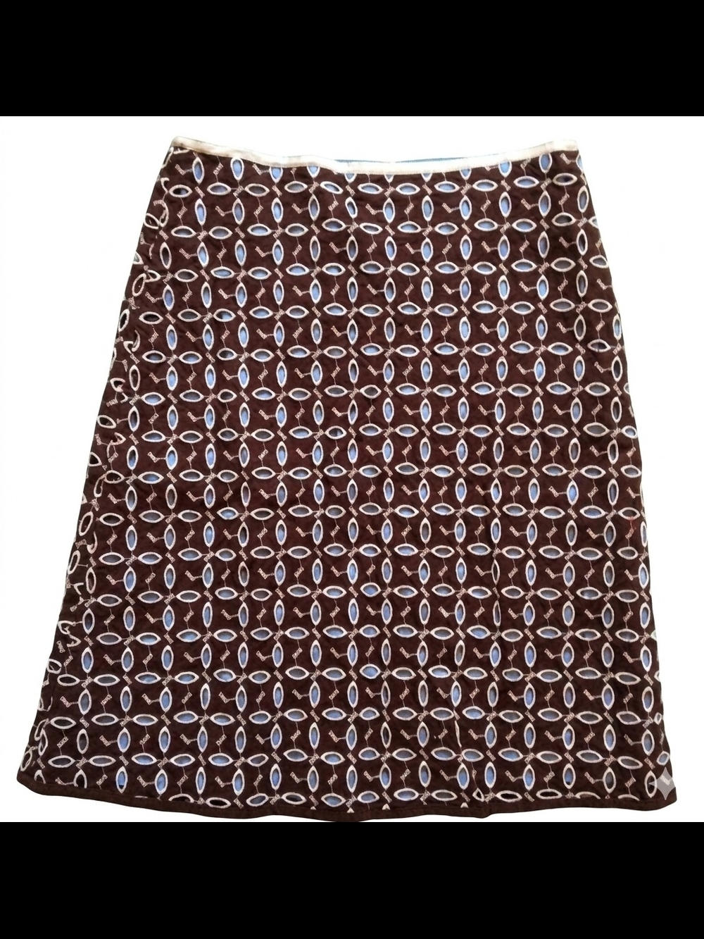Snak For Anthropologie Vintage Y2K Brown & Blue Geometric Eyelet A-Line Skirt